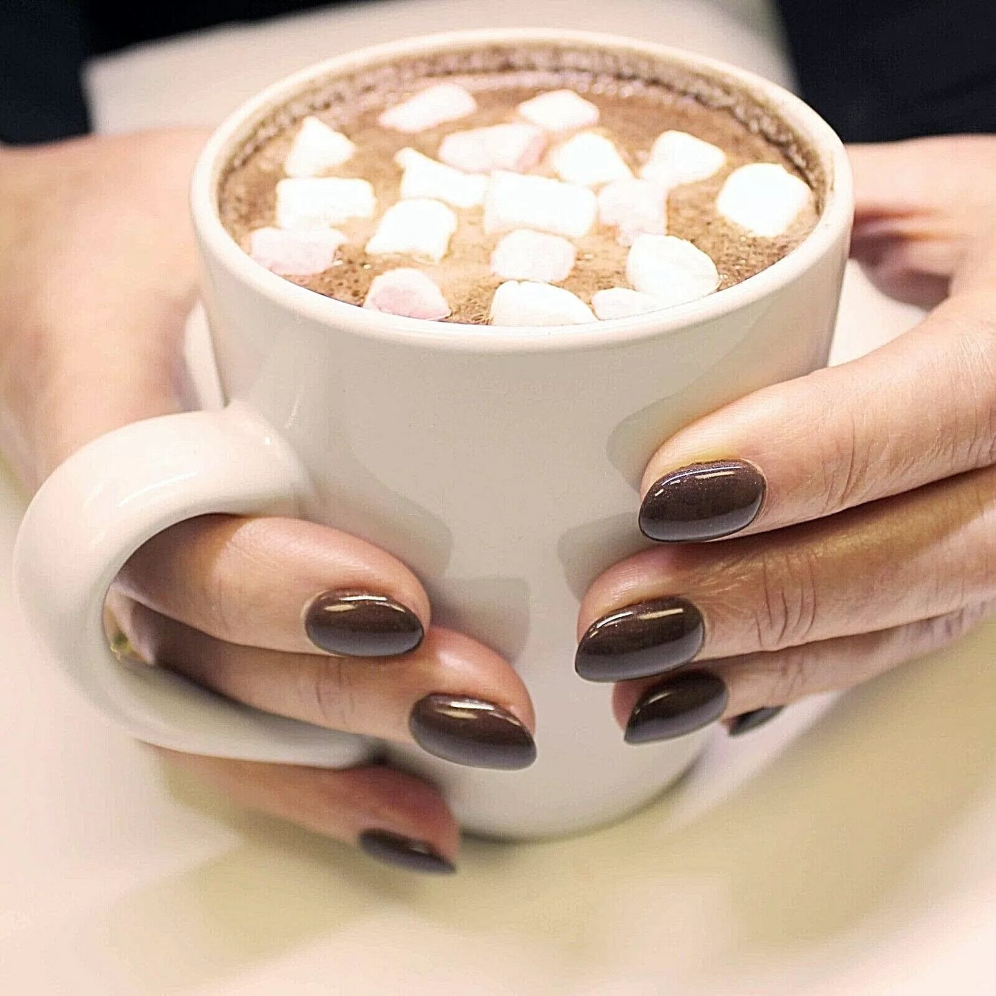 Nails featuring Bio Sculpture Gemini Nail Polish No. 2009 Hot Chocolate on light skin – cruelty-free, deep chocolate brown polish for an elegant, classic finish