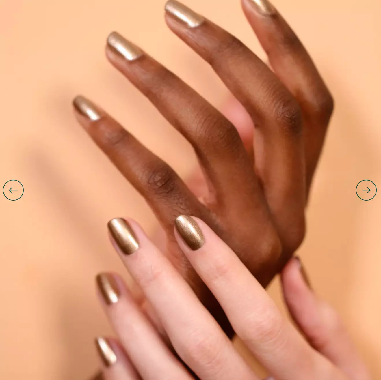 Close-up of Bronzé polish on light and darker skin tones – eco-friendly, metallic bronze shade for a luminous nail look