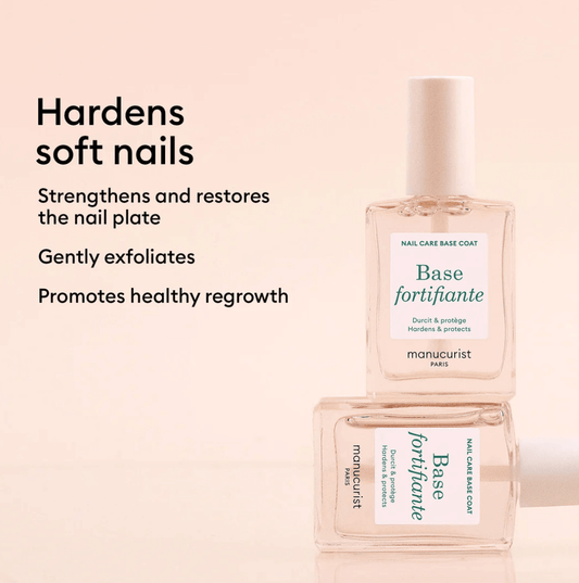 Manucurist Paris Base Fortifiante 15ml – fortifying base coat for soft, thin nails, enriched with AHAs, PHAs, and silica, 85% plant-based, vegan, cruelty-free, strengthening and protective nail treatment, London Nail Vault