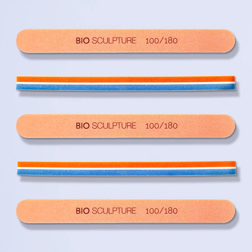 Bio Sculpture Fine/Medium Sponge Buffs – pack of five dual-grit nail buffers, ideal for refining and prepping nails before polish application