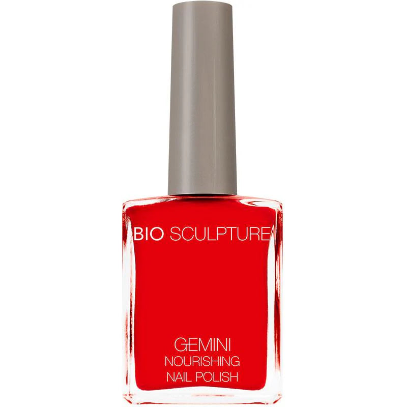 Bio Sculpture Gemini Nail Polish No. 166 Blazing Lacquer – vegan, bright orange-red nail polish for a bold, fiery manicure
