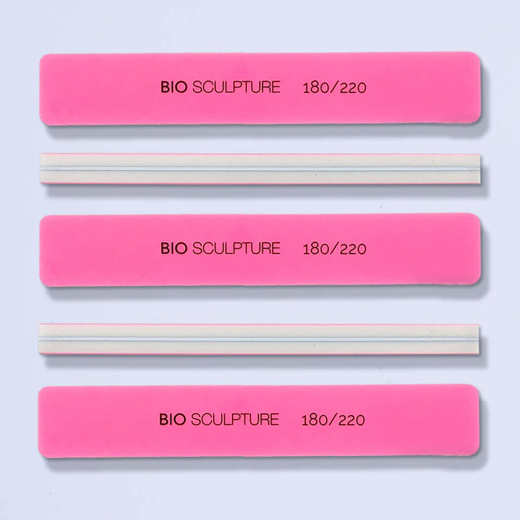 Bio Sculpture Bright Pink Sponge Buff 180/220 Pack of 5 – vegan, dual-grit bright pink nail buffer sponges for gentle smoothing and shaping of natural and gel nails