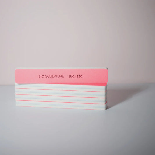 Bio Sculpture Bright Pink Sponge Buffs – pack of five reusable 180/220 grit nail buffers for professional-quality manicures and pedicures