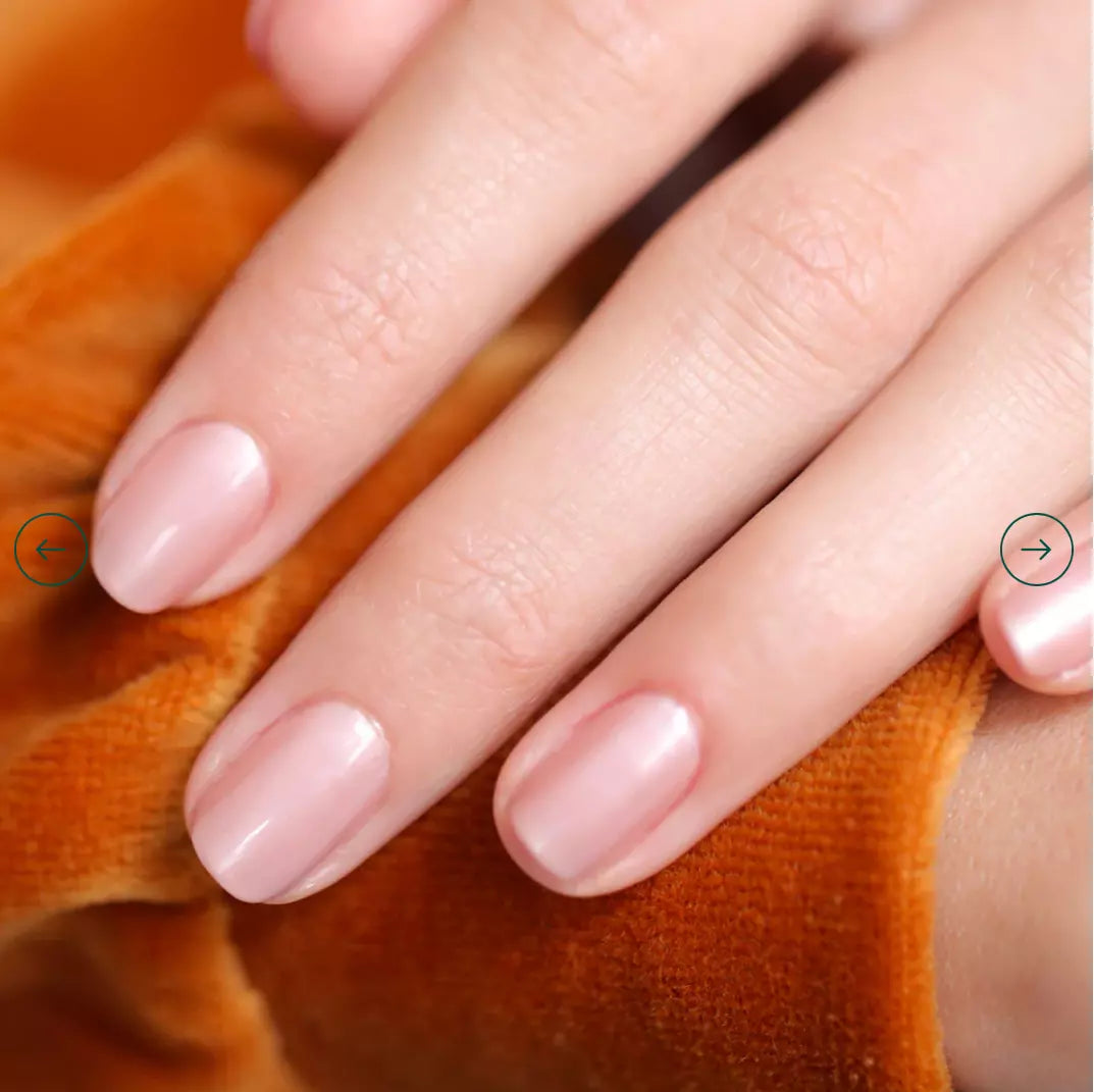 Close-up of manicure using Carnation by Manucurist Paris – delicate, eco-friendly pastel pink shade