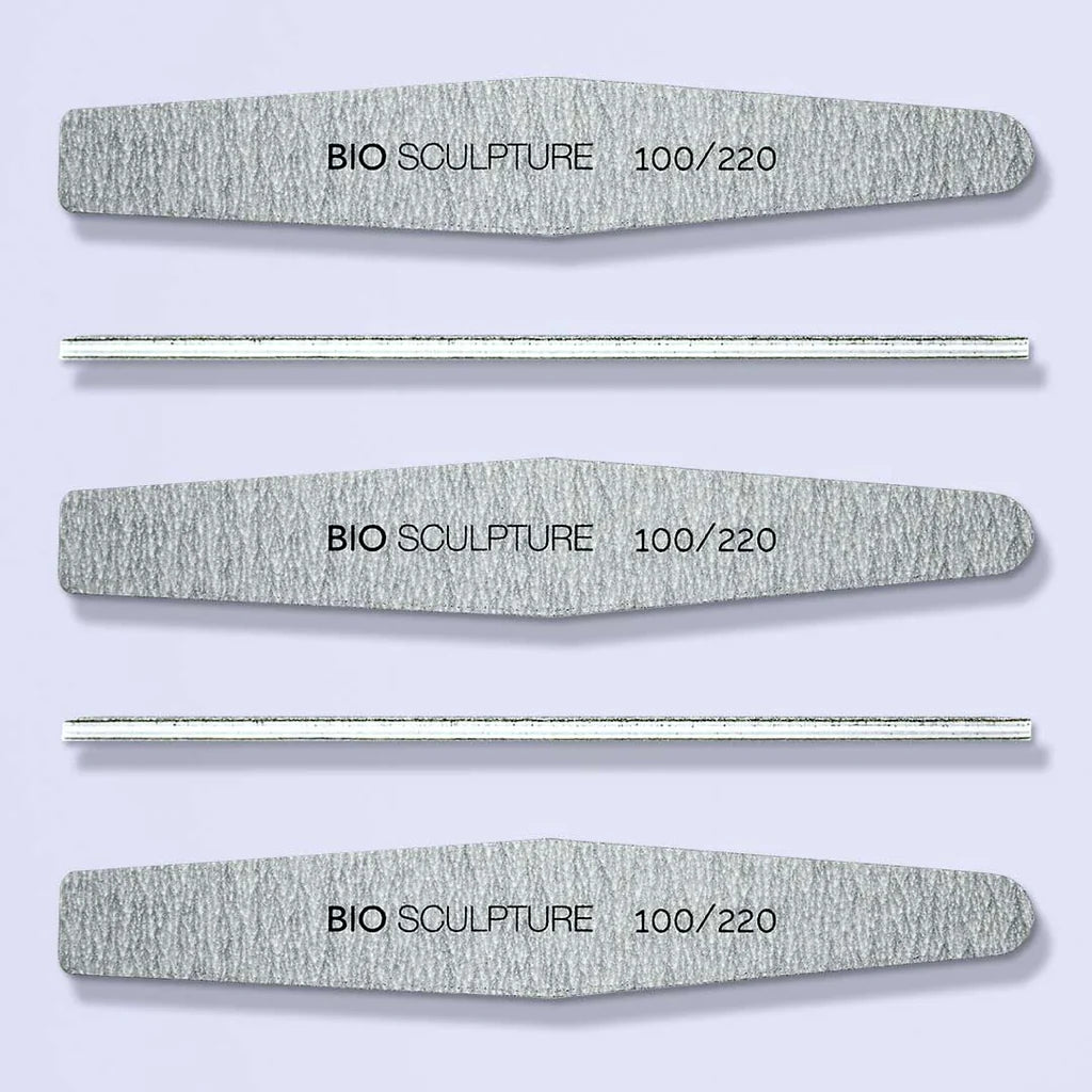Bio Sculpture Coffin Shape Zebra Files – pack of five reusable 150/240 grit coffin-shaped nail files for professional-quality manicures and pedicures