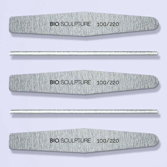 Bio Sculpture Coffin Shape Zebra Files – pack of five reusable 150/240 grit coffin-shaped nail files for professional-quality manicures and pedicures
