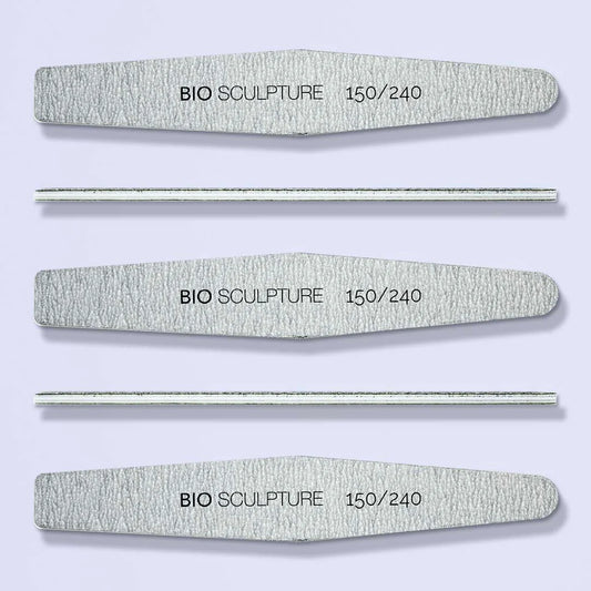 Bio Sculpture Coffin Shape Zebra Files – pack of five reusable 150/240 grit coffin-shaped nail files for professional-quality manicures and pedicures