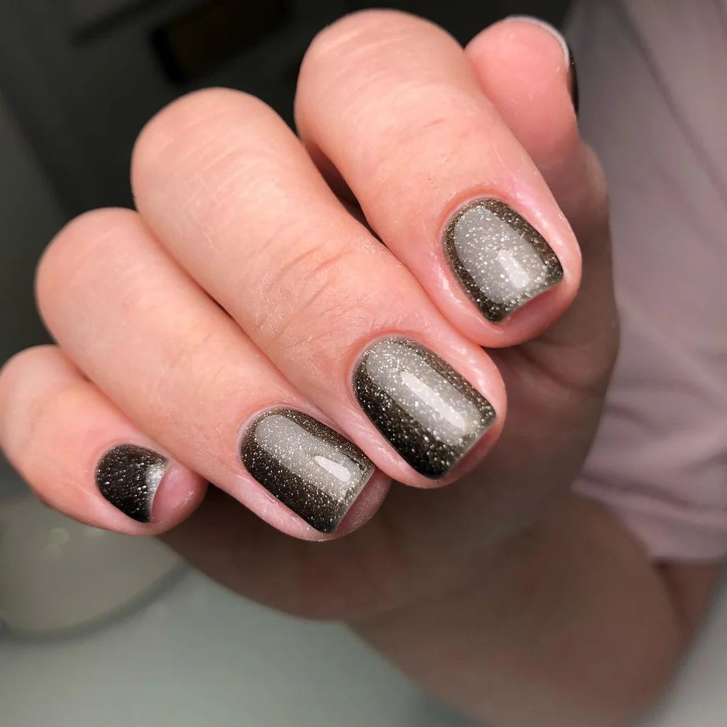 Nails featuring Bio Sculpture Embellished Onyx on light skin – cruelty-free, bold black polish with a hint of sparkle for an elegant finish