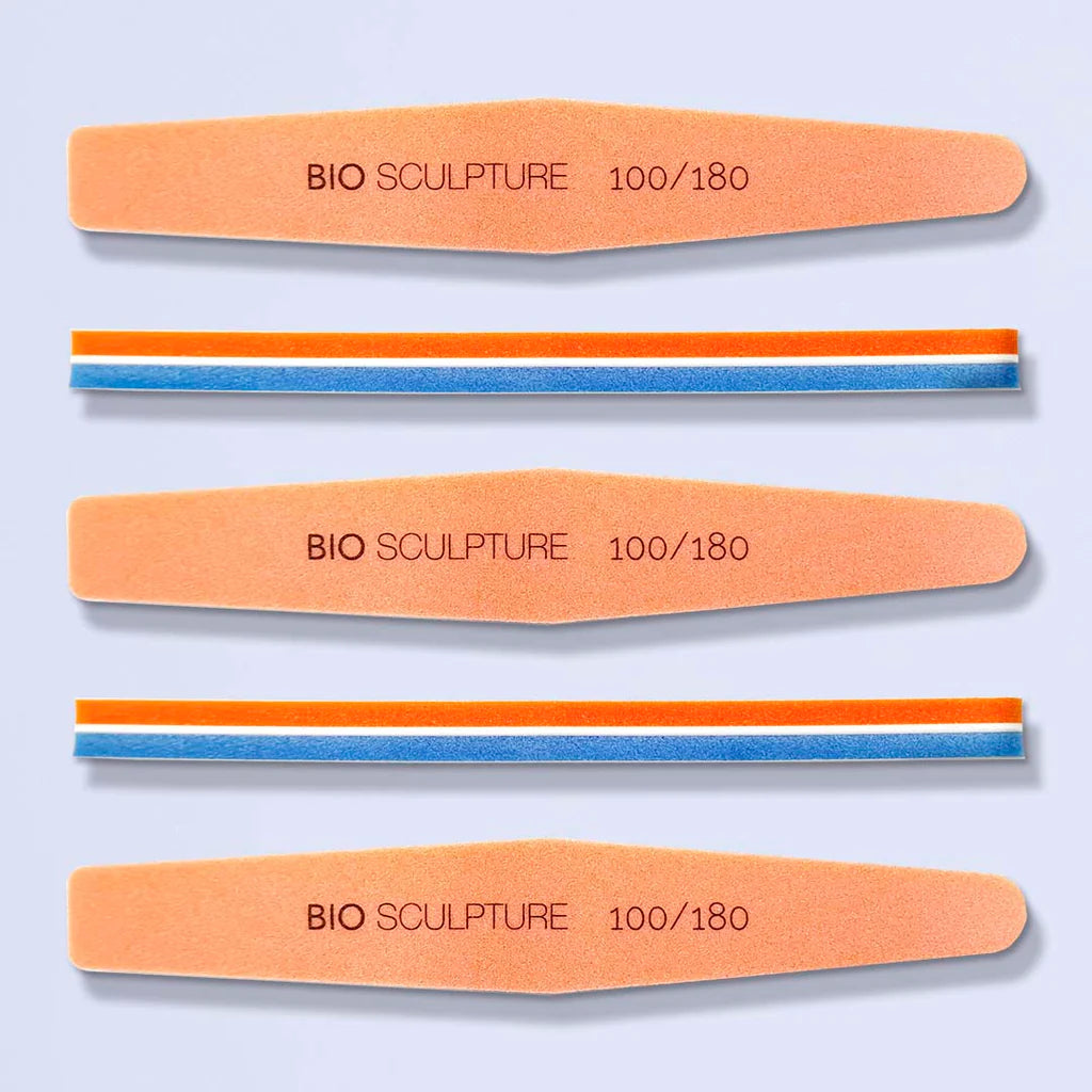 Bio Sculpture Coffin Sponge Buffs – pack of five ergonomic, dual-grit 100/180 buffers for precise, professional nail preparation