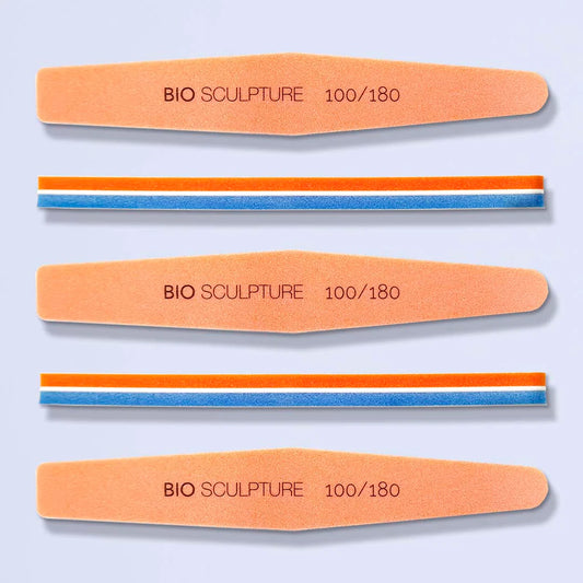 Bio Sculpture Coffin Sponge Buffs – pack of five ergonomic, dual-grit 100/180 buffers for precise, professional nail preparation