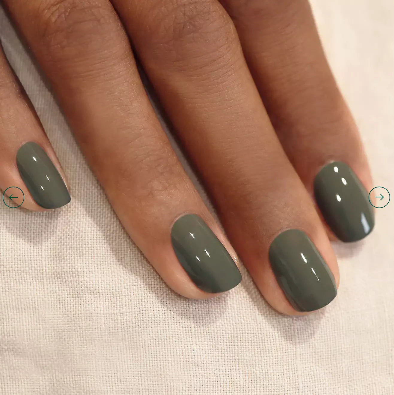 Hand with dark skin tone wearing Manucurist Khaki – bold, vegan khaki green polish for a sophisticated, inclusive manicure