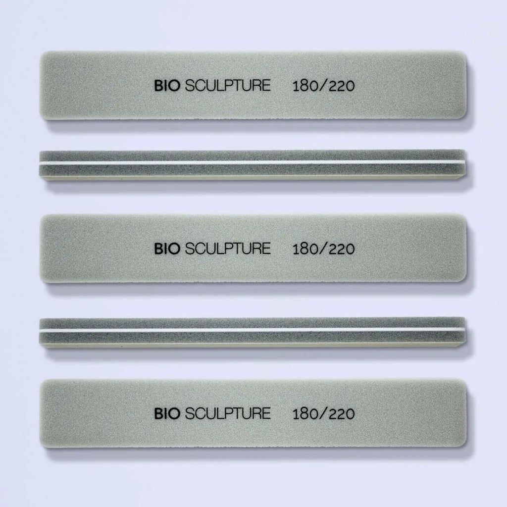 Bio Sculpture Grey Sponge Buff 180/220 Pack of 5 – vegan, dual-grit grey nail buffer sponges for gentle smoothing and shaping of natural and gel nails