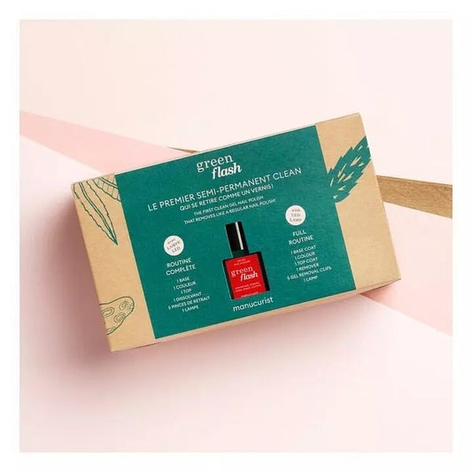 Packaging of Manucurist Green Flash LED Nail Polish Essentials Kit – Poppy Red, vegan, eco-friendly gel polish set for professional, long-lasting nail colour