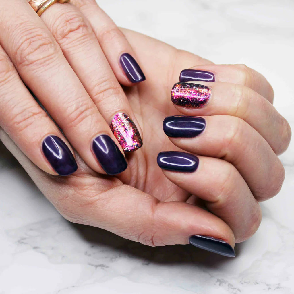 Close-up of Bio Sculpture Gemini Nail Polish No. 2019 Lavender Nights polish on light skin – non-toxic, rich lavender shade for a refined, modern nail look