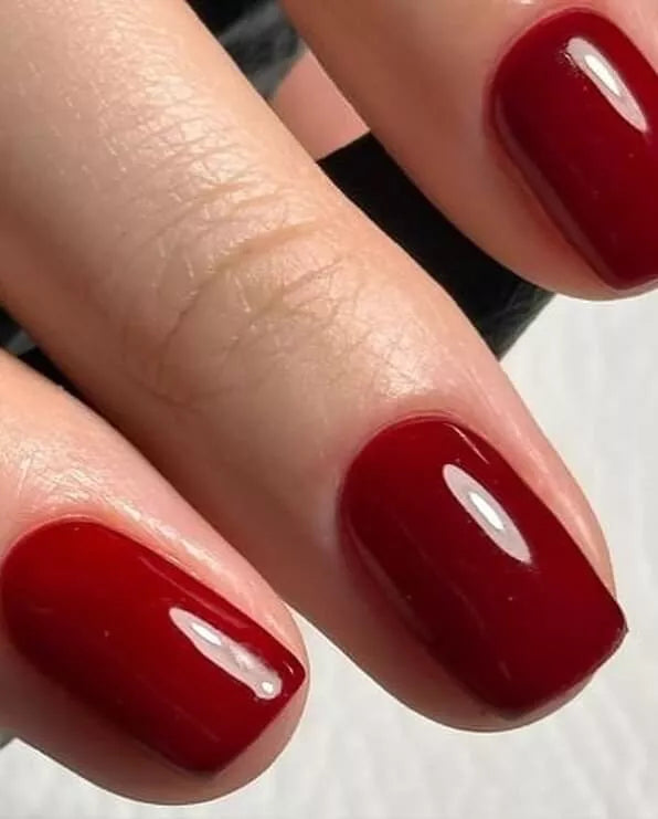 Fingers painted with Bio Sculpture Gemini A Night at the Opera Nail Polish No. 280 – non-toxic, classic burgundy polish for a chic, versatile look