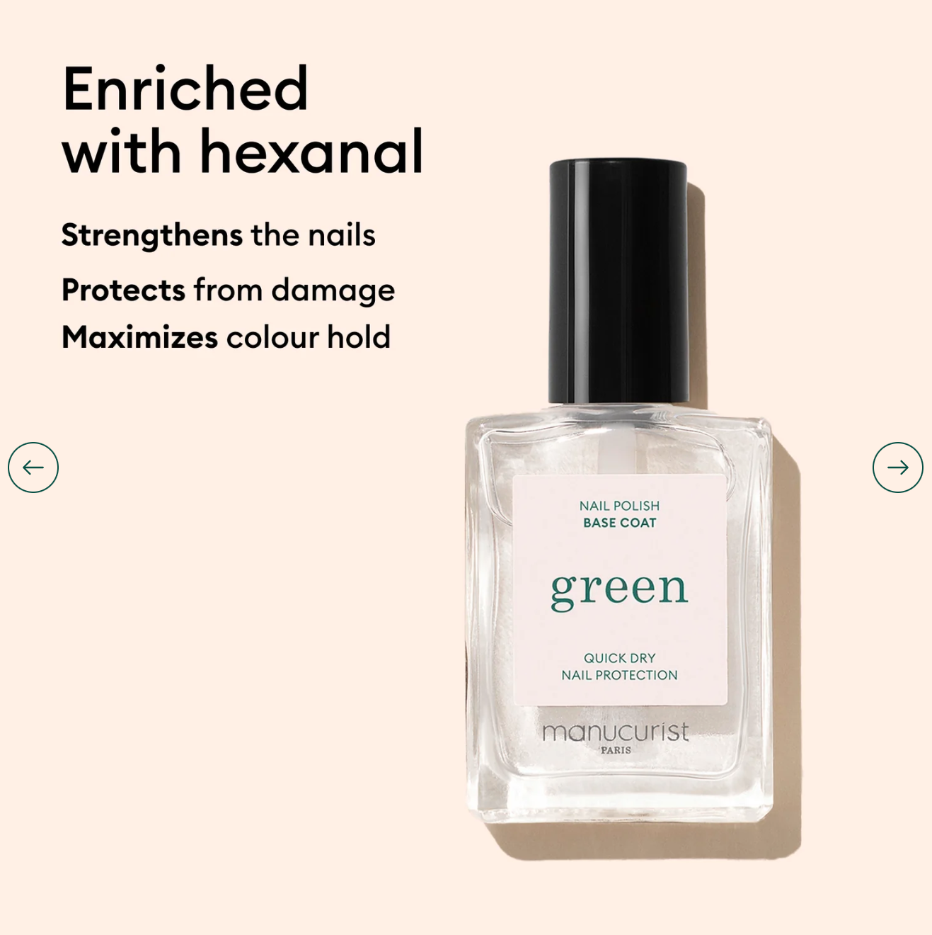 Close-up of Manucurist Green Range Natural Base Coat – plant-based, non-toxic base coat for smooth, resilient nails
