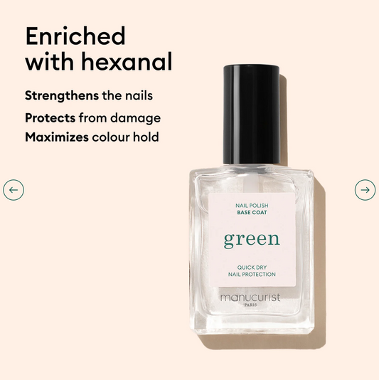 Close-up of Manucurist Green Range Natural Base Coat – plant-based, non-toxic base coat for smooth, resilient nails