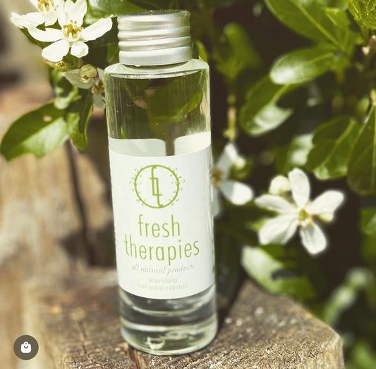 Close-up of Fresh Therapies Natural Nail Polish Remover – non-toxic, plant-based formula for healthy nails