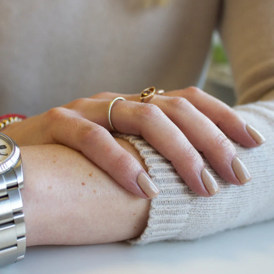 Close-up of Bio Sculpture Gemini Nail Polish No. 199 Rose Bud polish on light skin – non-toxic, gentle rose pink shade for a refined, everyday nail look