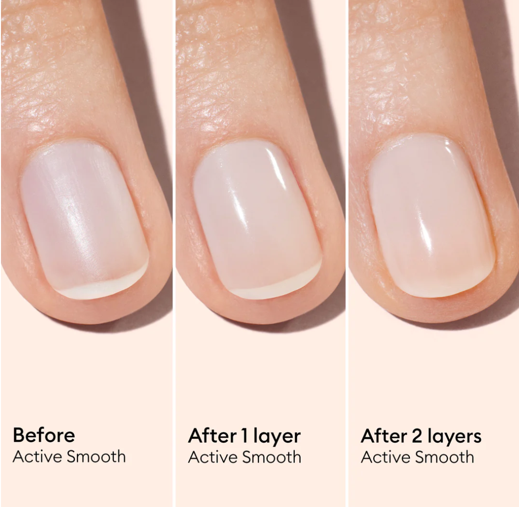 Swatch of Manucurist Paris Base Coat Active Smooth – clear, smoothing finish for natural nails