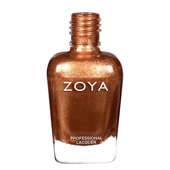 Close-up of Zoya Soleil nail polish bottle – shimmering, non-toxic copper polish for glamorous, modern nails