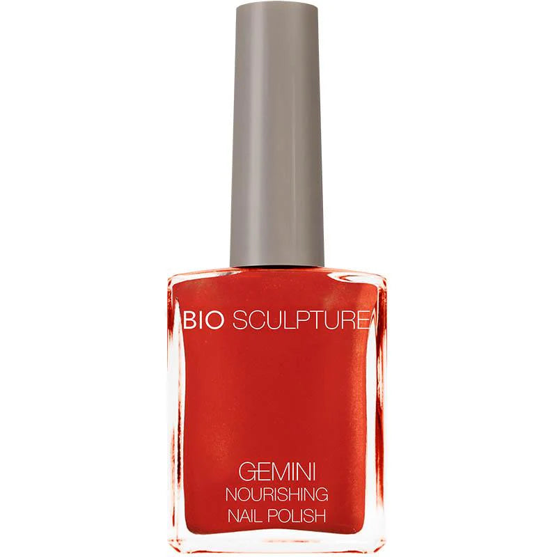 Bio Sculpture Gemini Nail Polish No. 16 Sunset Shimmer – vegan, radiant summer orange nail polish with a gold sheen for a vibrant, luminous manicure