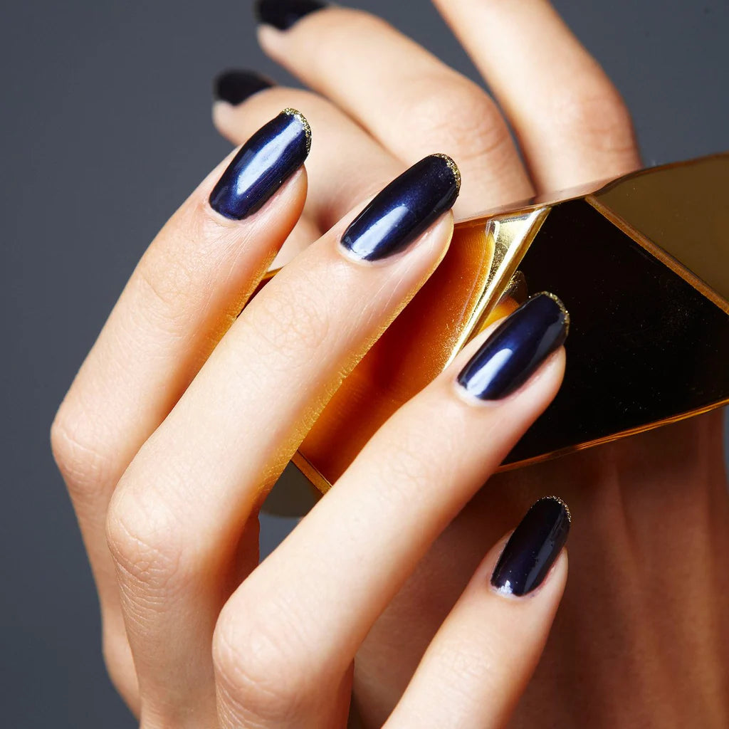Close-up of Bio Sculpture Gemini Nail Polish No. 127 Victoria Falls polish on light skin – non-toxic, soft blue shade for a clean, modern nail look