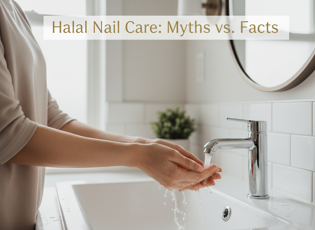 Person washing hands next to text 'Halal Nail Care: Myths vs. Facts' in a bathroom setting.