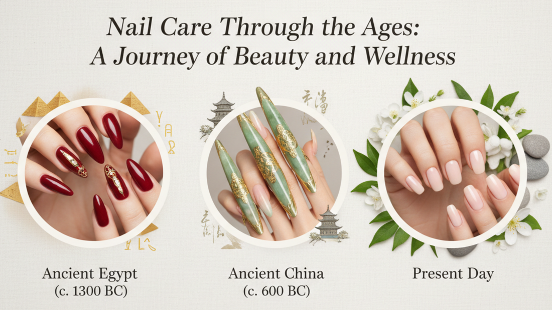 Nail Care Through the Ages: A Journey of Beauty and Wellness showcasing nail trends from Ancient Egypt, Ancient China, and Present Day.