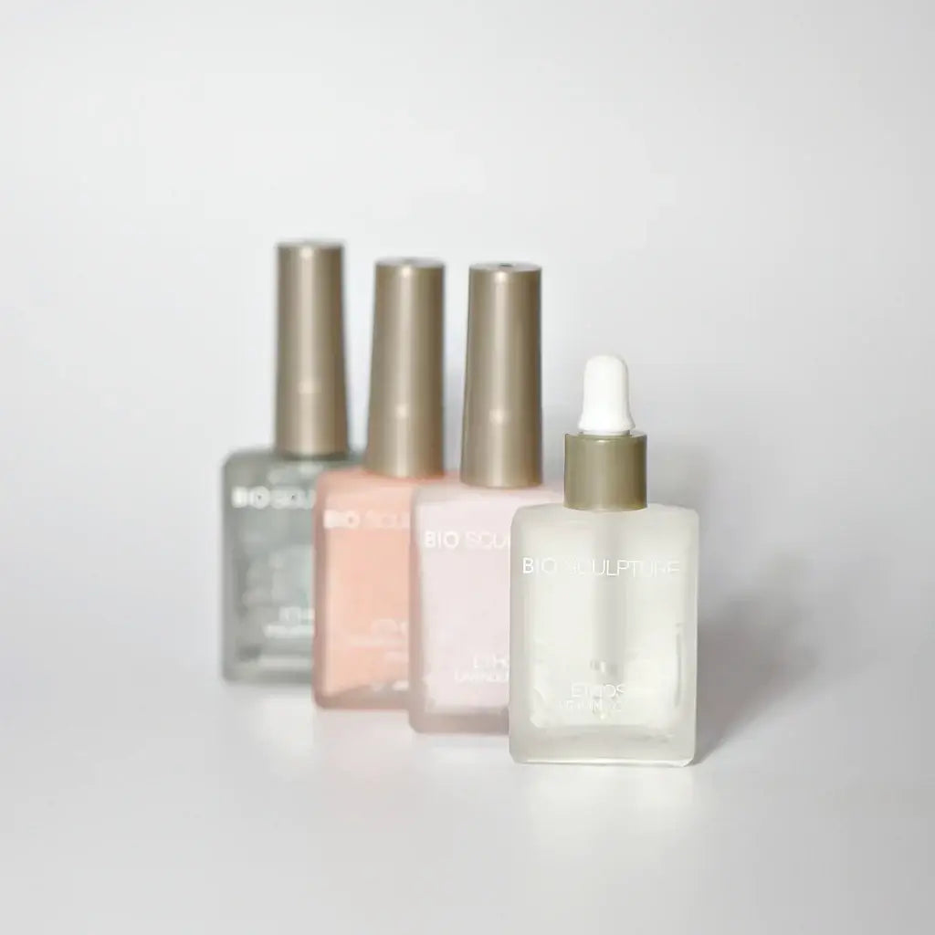 Display of Ethos Nail Care by BIO SCULPTURE featuring four natural treatment bottles for healthy nails.