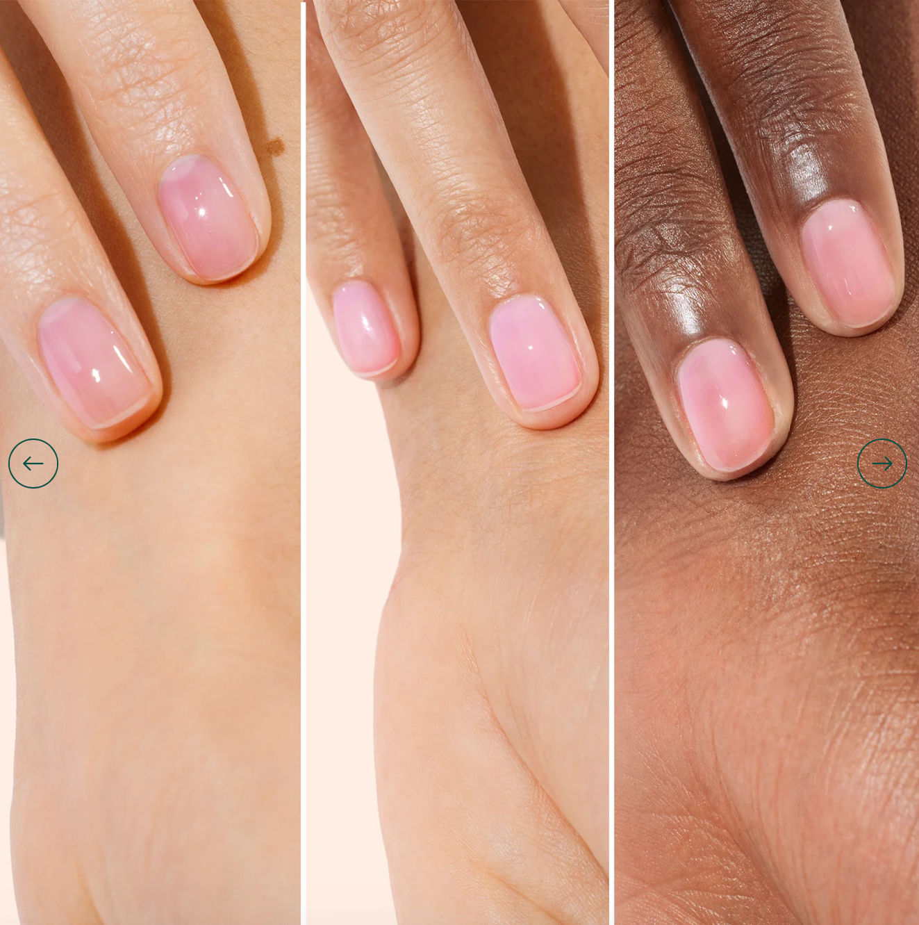 Manucurist Active Glow Blueberry base coat compared on various skin tones – clear, plant-based base coat for every nail type