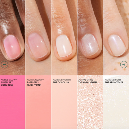 Side-by-side comparison of Manucurist Active Glow Blueberry base coat on light and dark skin – eco-friendly, illuminating base coat for universal nail care