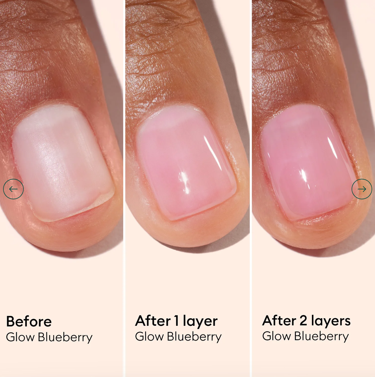 Comparison of Manucurist Active Glow Blueberry base coat on light and medium skin tones – vegan, luminous finish for all complexions