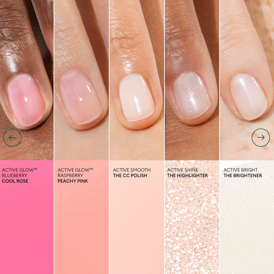 Side-by-side comparison of Manucurist Active Shine on various skin tones – luminous, eco-friendly base coat for every nail type