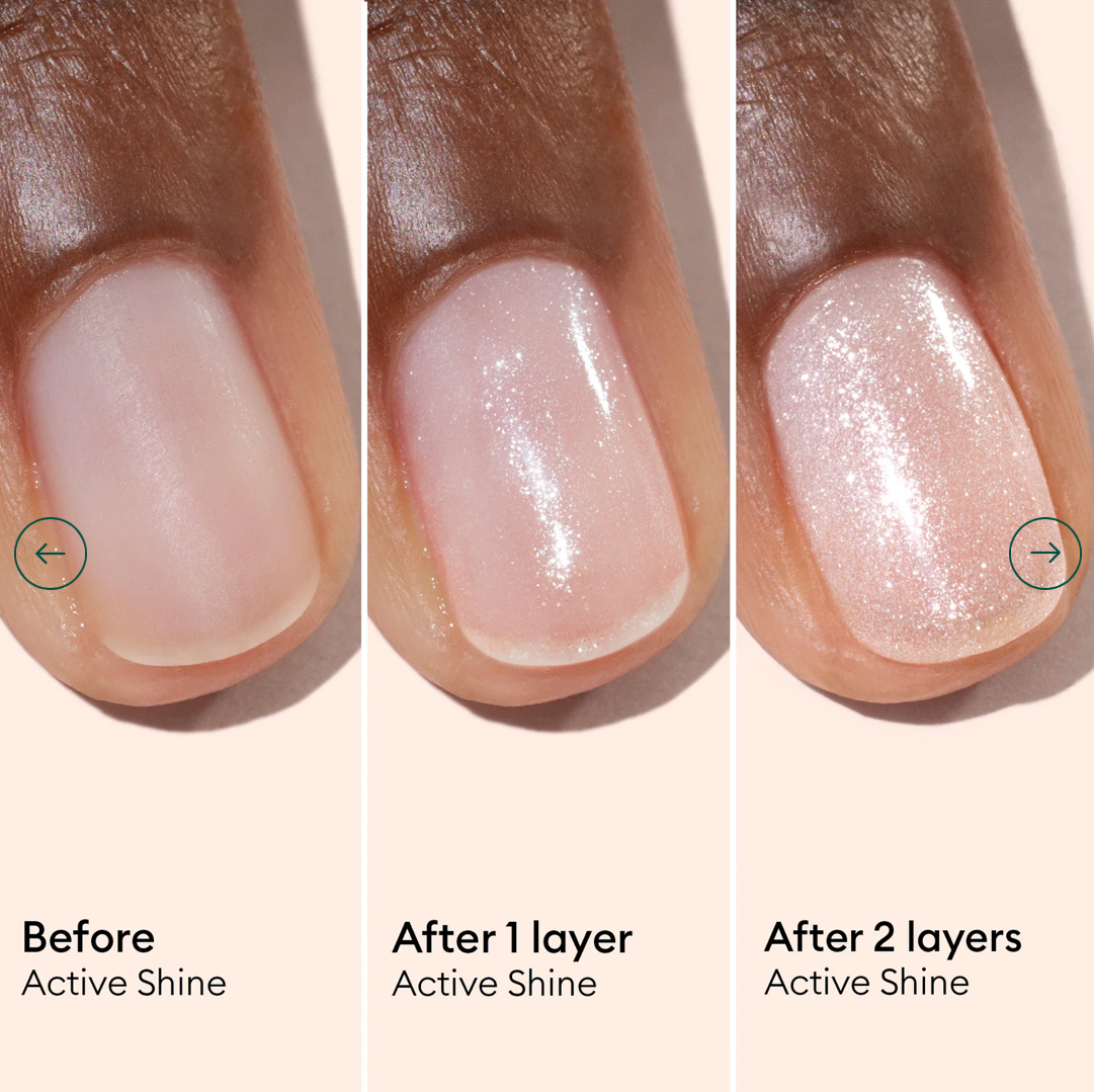 Comparison of Manucurist Active Shine base coat on light and medium skin tones – clear, glossy finish for all complexions