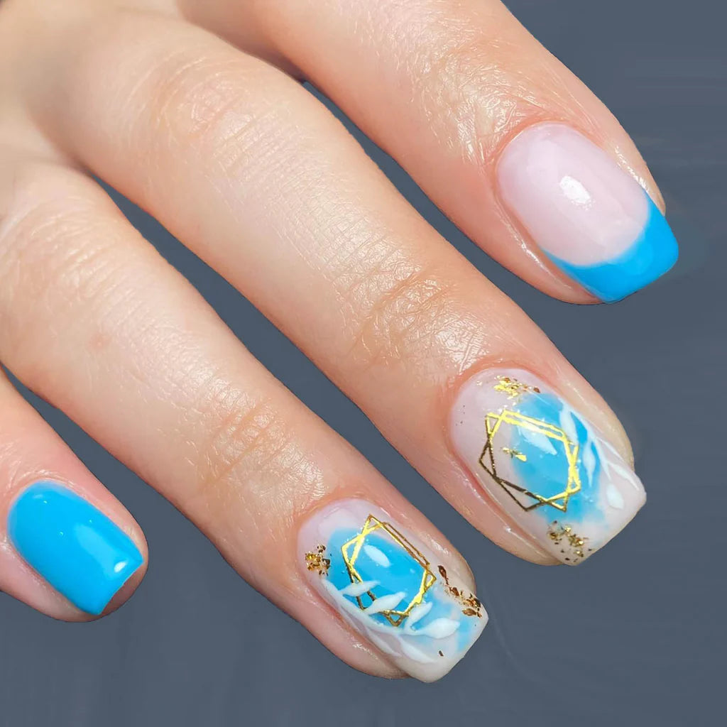 Fingers painted with Bio Sculpture Gemini Nail Polish No. 134 Aquacade on light skin – breathable, aqua blue polish for a playful, everyday style