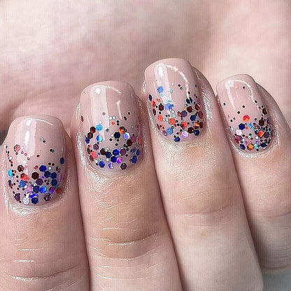 Bio Sculpture Essence Glitter Love Bug 5g – vivid multicoloured mixed-size glitter hexagons for sparkling, creative nail art designs