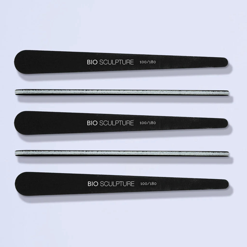 Bio Sculpture Black Teardrop File 100/180 Grit Pack of 5 – vegan, dual-grit black teardrop-shaped nail files for precise shaping and smoothing of natural and gel nails