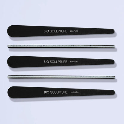 Bio Sculpture Black Teardrop File 100/180 Grit Pack of 5 – vegan, dual-grit black teardrop-shaped nail files for precise shaping and smoothing of natural and gel nails