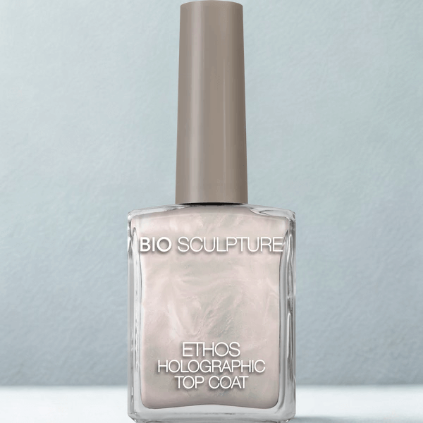 Ethos Holographic Top Coat 14ml – Pink to purple chrome effect nail polish top coat by Bio Sculpture, vegan, cruelty-free, suitable for all nail types, adds holographic glaze, London Nail Vault