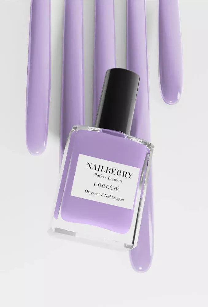 Close-up of Nailberry Lavender Fields nail polish bottle – oxygenated, non-toxic lavender shade for healthy nails