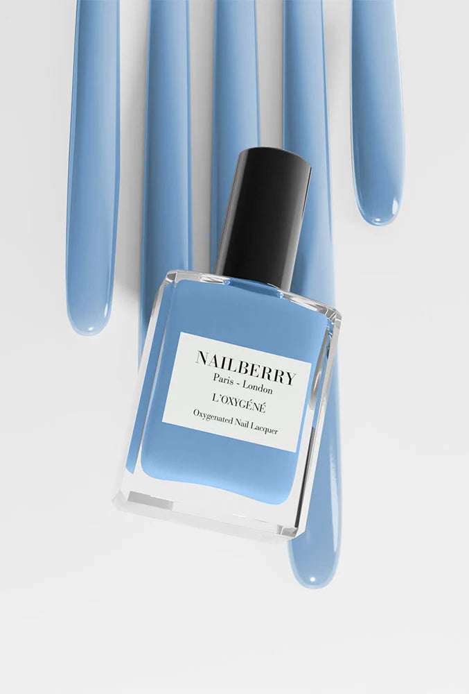 Close-up of Nailberry Mistral Breeze nail polish bottle – non-toxic, soft pastel blue shade for healthy nails
