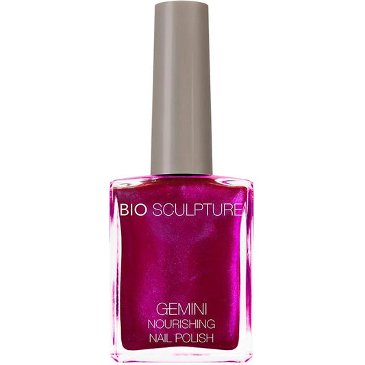 Bio Sculpture Gemini Nail Polish No. 215 in rich deep pink shade, showcasing nourishing formula in clear bottle.