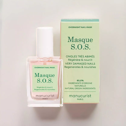 Close-up of Manucurist S.O.S. Nail Mask bottle – nourishing, plant-based base coat for healthy, revitalised nails