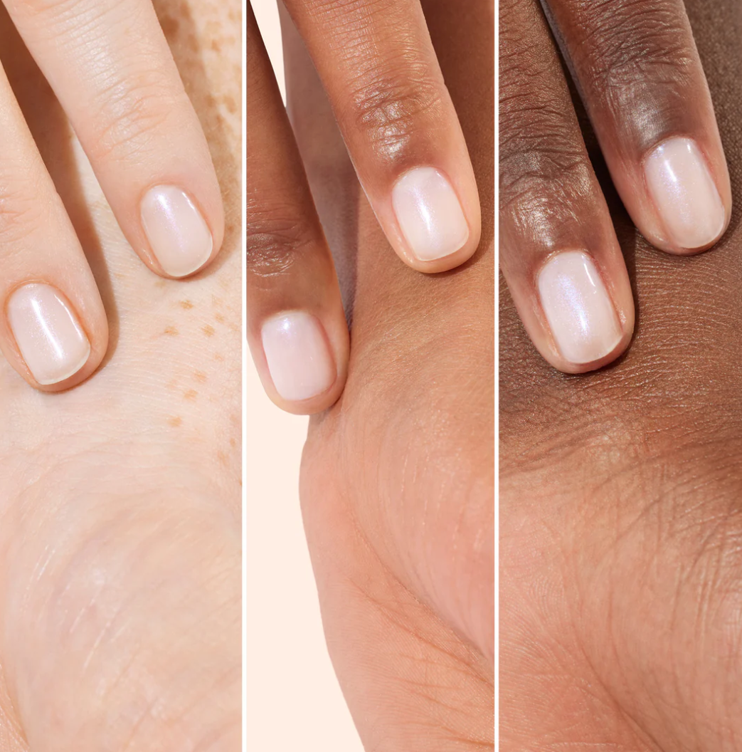 Comparison of Manucurist Active Bright base coat on light and medium skin tones – clear, brightening finish for all complexions