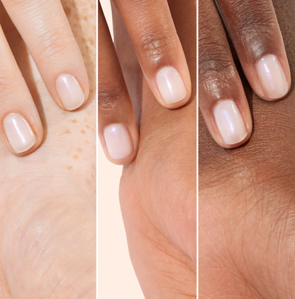 Comparison of Manucurist Active Bright base coat on light and medium skin tones – clear, brightening finish for all complexions