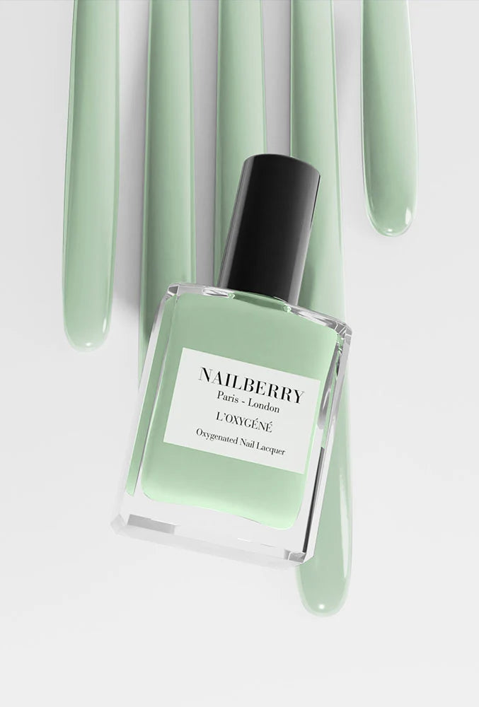 Close-up of Nailberry Wild Sage nail polish bottle – non-toxic, soft green shade for healthy nails
